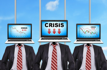 Three businessman standing with laptop instead of head a