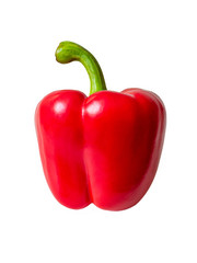 Bell pepper with a shiny bright red skin and a thick green stem on a white background