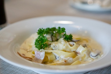 Angle view of fettuccine carbonara ham cheese.