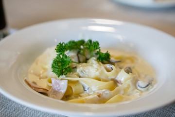 Angle view of fettuccine carbonara ham cheese.