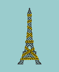 Eiffel Tower is wrapped in yellow warning tape Quarantine. Quarantine in France. Coronavirus epidemic in world. Outbreak Covid-19 Pandemic. World disaster