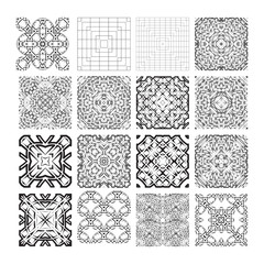 A set of complex monochrome vector geometric patterns.