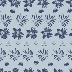 Fototapeta na wymiar Two colors vector pattern seamless repeat with lines of dark blue flowers and dotted triangles. Perfect for textile for home decor, wallpaper, scrapbooking 