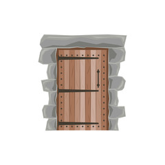 Medieval door. Steel and wooden gate. Antique exterior. Vector.