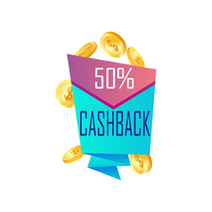 Cashback label. Return money from purchases and payment. Cash back deal. Symbol of sale. Vector.