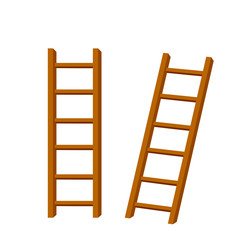 Set of wooden brown stairs. Go up to the top level. Straight and inclined objects. Rustic country Equipment