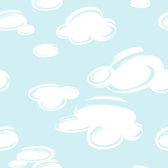 Seamless pattern with white clouds isolated on blue background. Illustration in hand drawn style.
