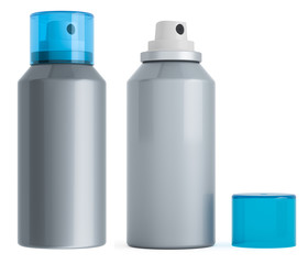 Metal bottles spray aerosol with opened and closed cap, 3D rendering