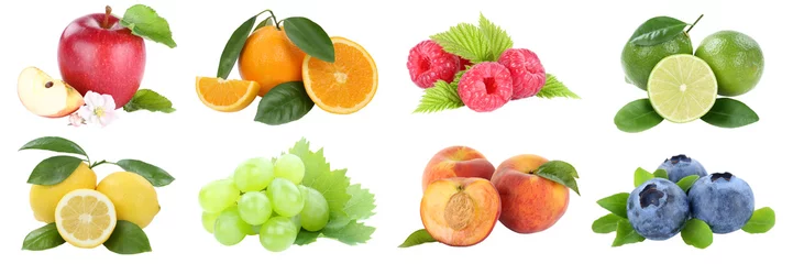 Fototapete Obst Lebensmittelsammlung Obst Apfel Orange Trauben Äpfel Orangen Zitrone Pfirsich frisches Obst isoliert auf weiß