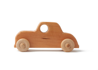 vintage wooden children toy toy car with wheels isolated on white background