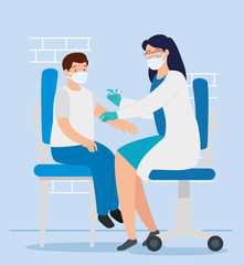 doctor female vaccinating to boy in consulting room vector illustration design