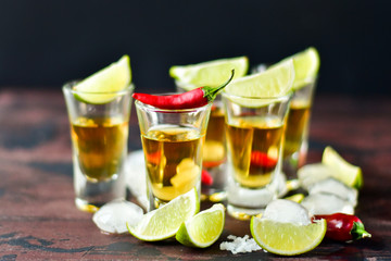 five glasses of alcohol and lime and red chili, a party at the bar, a menu for the bar. Selective focus and copy space, Tequila shots, vodka,whisky, rum
