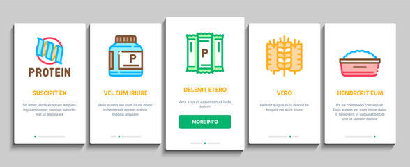 Protein Food Nutrition Onboarding Mobile App Page Screen Vector. Bottle And Package With Protein, Fish And Chicken Meat, Milk And Cheese Color Contour Illustrations