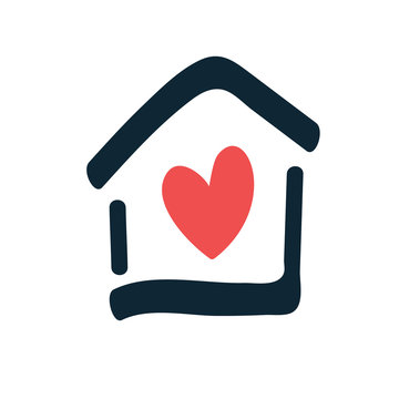 Stay Home Simple Logo With House And Heart Inside Connected With Coronavirus And COVID-19 Outbreak. For Print, Poster, Logo, Watermark, Stickers Or Social Networks Posts About Quarantine.