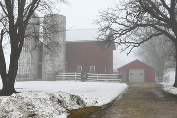 Farm Buildings in Fog