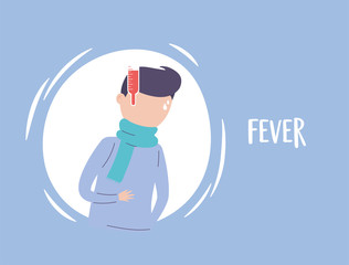 covid 19 pandemic infographic, man with fever symptom coronavirus