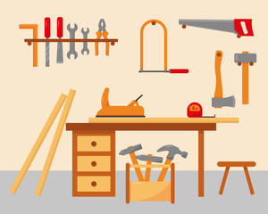 Woodwork Interior and tools. Carpenter workplace.