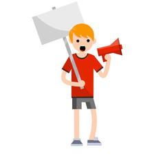 Young adult student protests. Loudspeaker in hand of guy in red clothes. The slogans and demands of men. Protection of rights. Political meeting and riot. Sign banner. Cartoon flat illustration