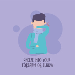 covid 19 pandemic infographic, prevention sneeze into your forearm or elbow