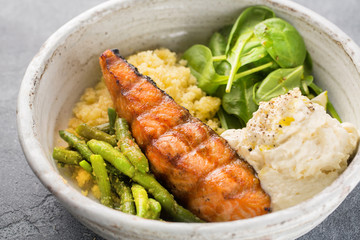 Grilled Dorado Fish Steak with Peas, Spinach And Bulgur
