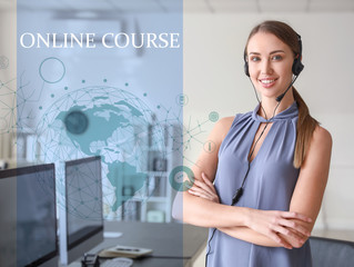 Portrait of female technical support agent with text ONLINE COURSE