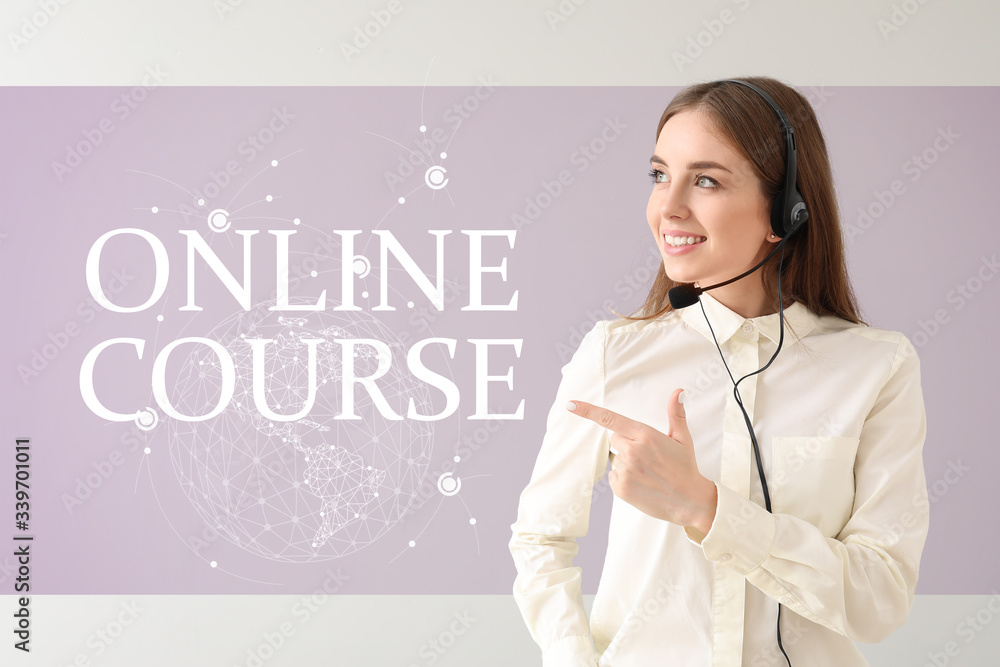Poster female technical support agent with text online course on color background