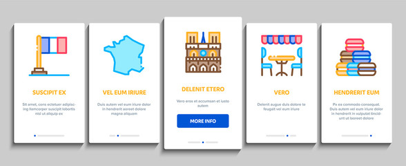 France Country Travel Onboarding Mobile App Page Screen Vector. France Flag And Triumphal Arch, Eiffel Tower And Moulin Rouge, Cheese And Croissant Color Contour Illustrations