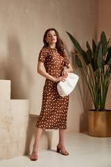 Fashion model brunette hair wear brown dots silk dress sandals high heels accessory  bag clothes...