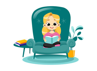 Concept Of Kids Creativity, Promotional Children Development, Creative Educational Art And Crafts Center. Happy Girl Read Book Sitting In Big Armchair. Creative Class. Flat Style. Vector Illustration