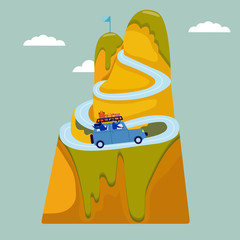 Happy couple travel together. Couple journey by car. Man and woman sit in a SUV, happy friends adventures the world together. Landscapes flat style. Travel concept, honeymoon, tourism and vacation.