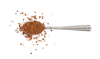  Spoon with instant coffee granules on a white background - obrazy, fototapety, plakaty