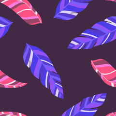 vector blue and pink leaves seamless pattern on dark red violet