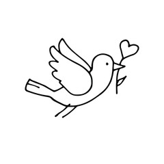 Bird with a branch and a heart. Hand drawing doodle outline. Suitable for postcards, weddings, Valentine's day. Stock vector illustration.