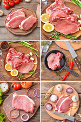 Collage of photos with raw pork meat and vegetables
