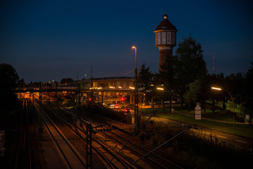 tram rails at night