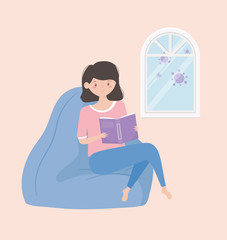 quarantine stay at home, woman reading book on bean chair cartoon