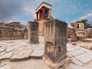Knossos palace at Crete, Greece near Heraklion, evening sunset time. Greece vacation.