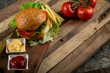 Hamburger with mayonnaise and ketchup