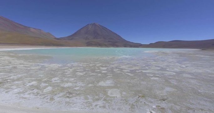 Laguna Verde (Green Lagoon) Chimical Coloured Waters Near Uyuni Salt Flat Aerial Travelling