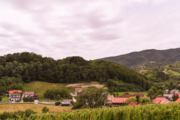Fototapeta na wymiar Green hills and an old village in Slovenia. Traveling in Europe and tourism. Nature, sky and vineyards