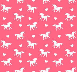 Vector seamless pattern of white sketch unicorn silhouette isolated on pink background