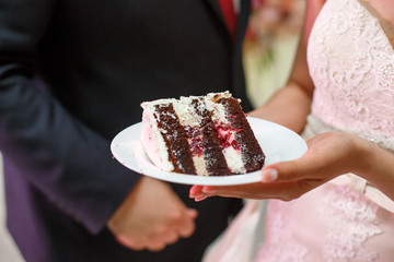 Bride with piece of cake on wedding day.