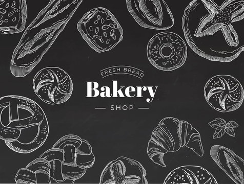 Vector card design with baking illustration. Bread and pastry collection. Hand drawn linear vintage template. Bakery or bakehouse menu on chalkboard. Engraved top view illustration. Horizontal banner.