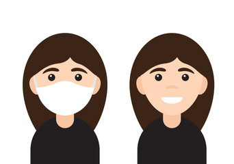 Vector flat cartoon two girl woman face head in medical mask isolated on white background