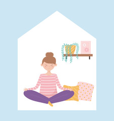 quarantine stay at home, woman practicing yoga meditation cartoon
