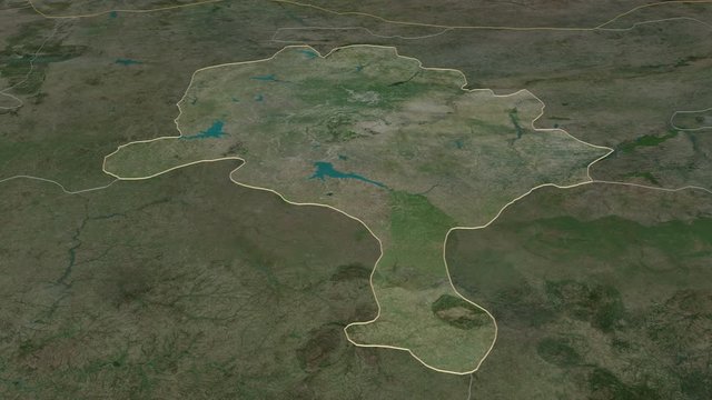 Kano, state with its capital, zoomed and extruded on the satellite map of Nigeria in the conformal Stereographic projection. Animation 3D