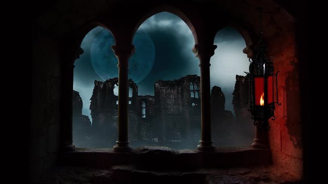 Swinging Lantern in Old Ruins Full Moon 4K Loop features a view out an arched window with a swinging lantern out to ruins with a full moon in the sky in a loop