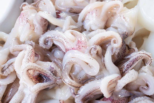 Ciuffetti di calamari crudi in primo piano 