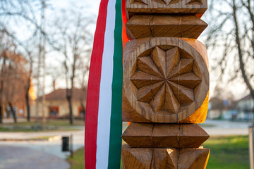 Hand carved wooden post decoration in Hungary