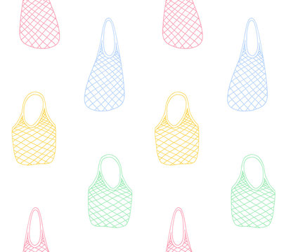 Vector Seamless Pattern Of Colored Hand Drawn Doodle Sketch Shopping Reusable Grocery Cloth String Mesh Cotton Eco Bag Isolated On White Background